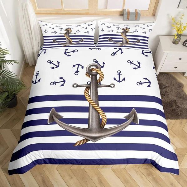 Conjuntos de cama Âncora Náutica Steamboat Set Ocean Coastal Tema Azul e Branco Strip Quilt Capa para Crianças Adultos King Size Duvet