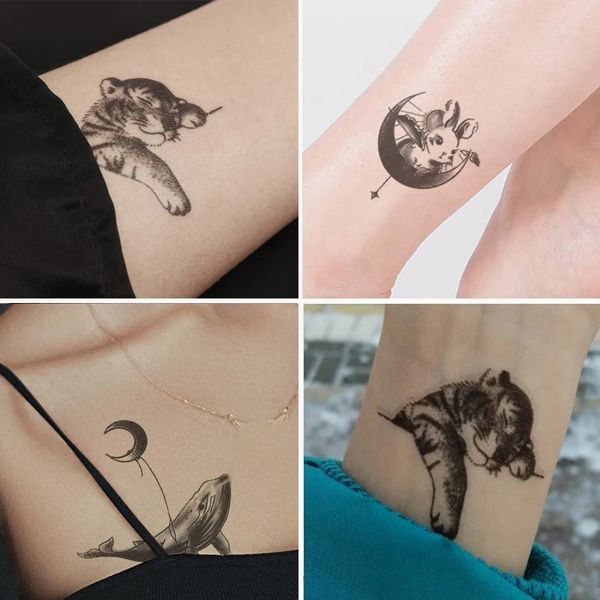 1PCS Waterdichte Tijdelijke Tattoo Sticker Tijger Maan Walvis Bloem Patroon Water Transfer Schouder Borst Body Arm Fake Tattoo 240108