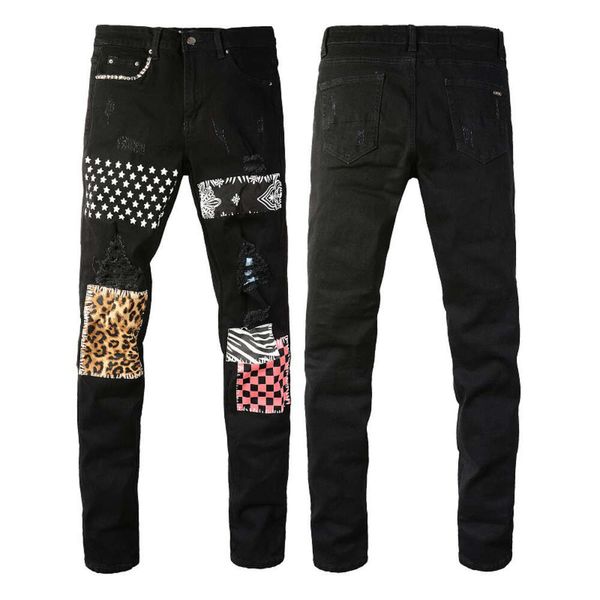 Pantaloni firmati da uomo Jeans viola Amris High Street Foro soffiato dal vento Modello leopardo Scacchiera Jeans con toppe a fiori di anacardi Jeans slim fit