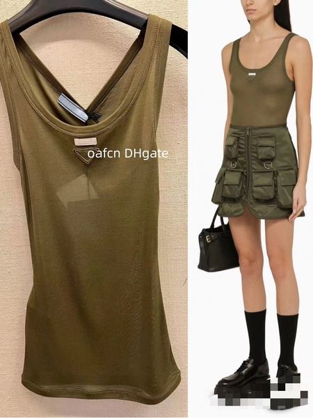 24SS Designer-Tanktop für Damen, modisches Abzeichen, Aufkleber, Dreieck-Passform, elastisches Oberteil, Maulbeerseiden-Tanktop, schmaler Träger, Damen, sexy, ärmellos, Sommer-Tanktop