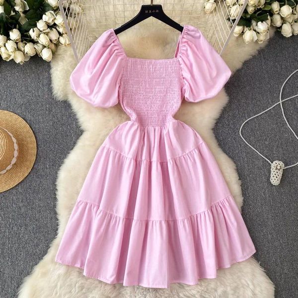 Vestidos de festa foamlina moda coreana estilo simples vestido feminino verão sólido gola quadrada manga bufante cintura alta uma linha curta básica