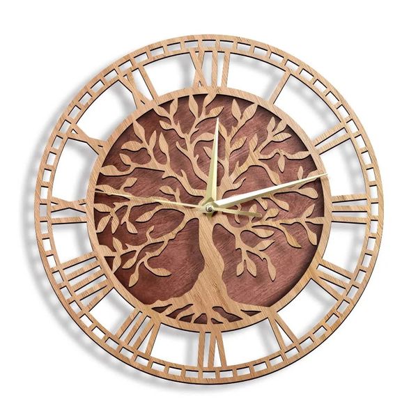 Orologio da parete in legno Albero della vita Taglio laser Art Orologio da parete in stile fattoria Albero genealogico Decorazioni per la casa Orologio di inaugurazione della casa silenzioso 240106