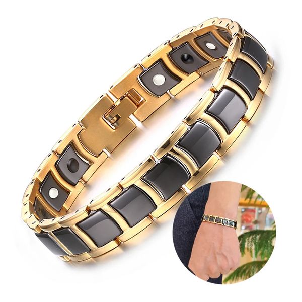 Vinterly Stahl Magnetisches Armband Männlich Schwarz Keramik Energie Germanium Armbänder Männer Hand Kette Gold Farbe Hologramm Armband Männlich 240106