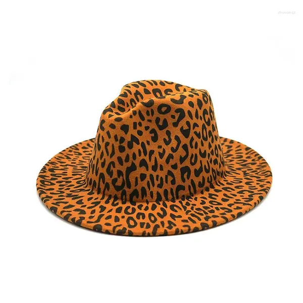 Berets larga borda leopardo fedora senhoras lã chapéu de feltro mulheres homens festa trilby jazz chapéus retalhos panamá boné formal topo