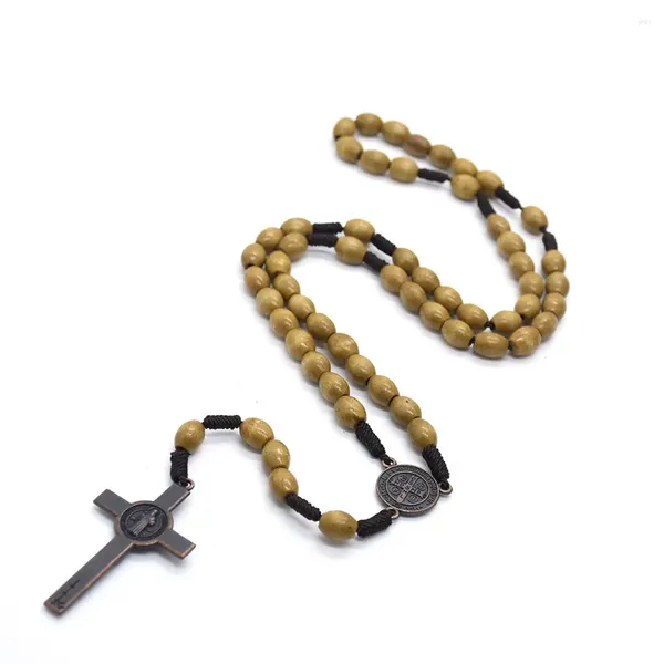 Colares Pingente CottvoVintage Contas de Oração de Madeira Cadeia Rosário Colar Exorcismo St.Benedict Medalha Crucificação Cross Chaplet Jóias