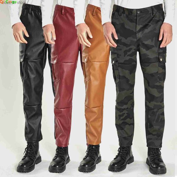 Pantaloni da uomo Pantaloni in pelle casual mimetici Pantaloni da motociclista neri in pelle da uomo Pantaloni in PU decorativi multitasche sporchi impermeabili antivento T240108