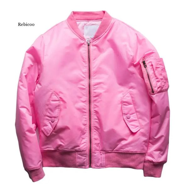 Jaqueta bomber rosa masculina, jaqueta acolchoada com zíper, bolso, gola, jaqueta de beisebol, estilo militar, casaco rosa 240106
