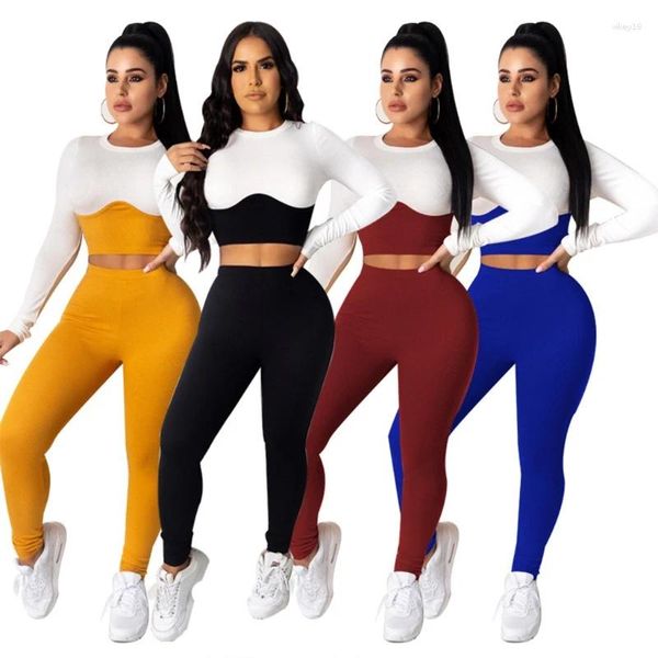 Vestidos de trabalho feminino bodycon yoga outfit manga longa cor bloco colheita superior leggings treino n7ye