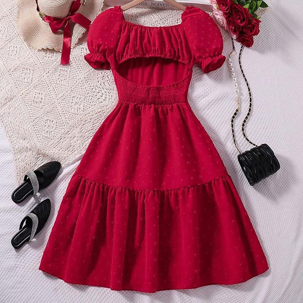 Vestidos de menina vestido crianças meninas vermelho bonito princesa 7-12 anos manga curta sem costas bolinhas puff em camadas vestido de festa