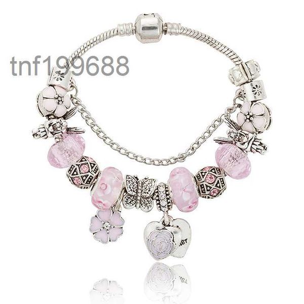 Rosa sakura amor coração pingente encantos pulseira para 925 prata 3mm cobra corrente pulseiras femininas com original d1d0