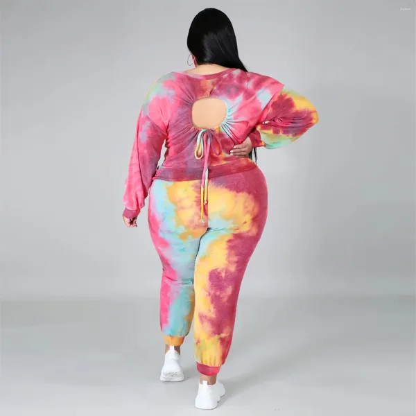 Calças femininas de duas peças haoohu tamanho grande mulheres sexy backless camisola de mangas compridas tops tie-dye moda casual terno feminino máscaras três