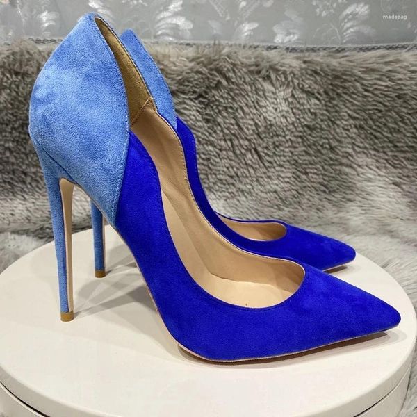 Kleid Schuhe Kontrast Blau Frauen Synthetische Wildleder Spitze Zehen High Heel Party V Side Cut Sexy Stiletto Pumps