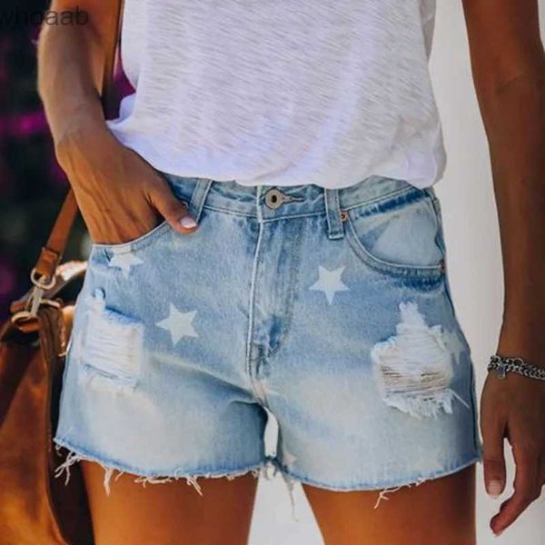 Damen-Shorts, Retro-Loch, zerrissen, Distressed-Jeans-Shorts für Frauen, Sommer 2023, fünfzackiger Stern-Druck, Denim-blaue Shorts, Damen- und Mädchen-Freizeitkleidung, YQ240108