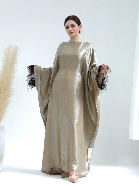 Ethnische Kleidung Party Abaya Langes Kleid für Frauen Glänzende Federärmel Islamische Dubai Türkei Muslimische Abendkleider Innengürtel Kaftan