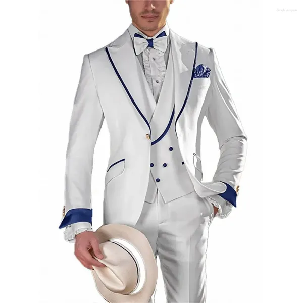 Ternos masculinos homens três peças jaqueta calças colete hombre 3 pçs blazer branco único breasted pico lapela casamento noivo formal festa de formatura