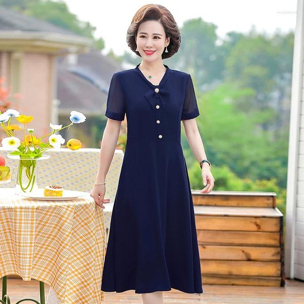 Partykleider Frauen Kleid Sommer Bogen Kurze Ärmel Vintage Mittleren Alters Frauen Mutter Weiblich