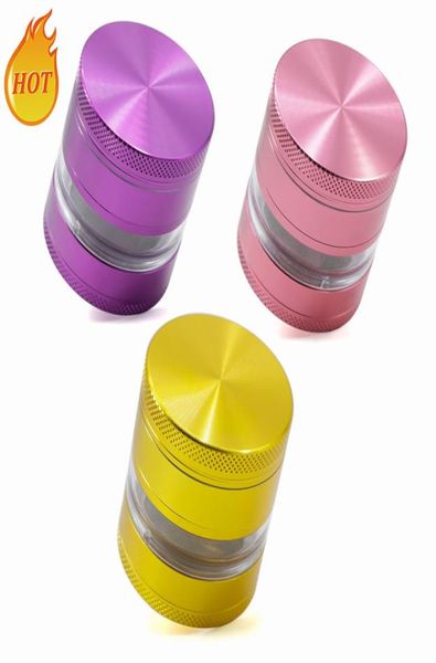 Grinder per tabacco Herb Grinder 4 strati 63mm raccoglitore per polline in lega di alluminio Schermo rimovibile Smerigliatrici per finestre trasparenti in metallo DHL8357097