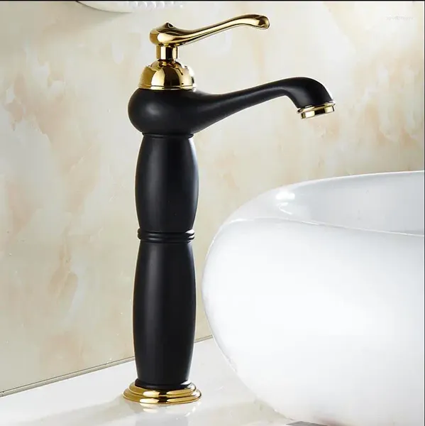 Смесители для раковины в ванной комнате Vidric Смеситель для раковины Черный и золотой латунный светильник в форме лампы с одной ручкой и отверстием на палубе Винтажный смеситель для холодной стирки