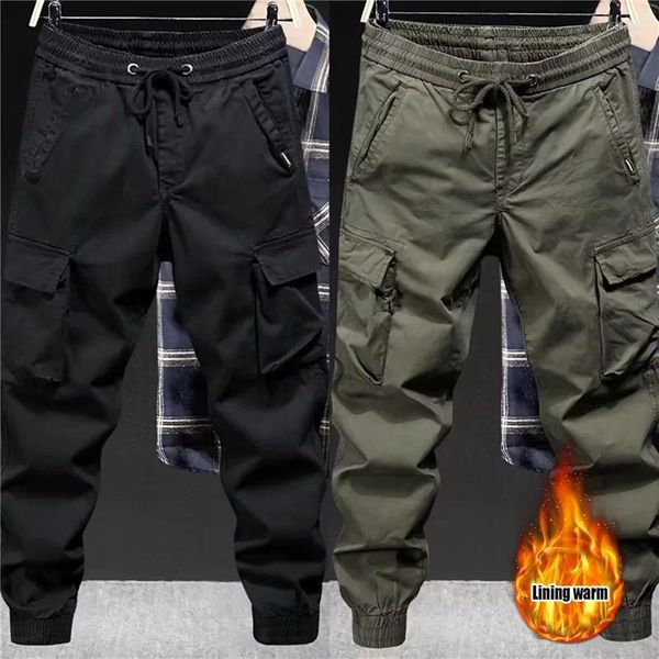 Calças masculinas inverno carga de pelúcia com vários bolsos casual tático trabalho calça reta calças ao ar livre caminhadas macacão masculino