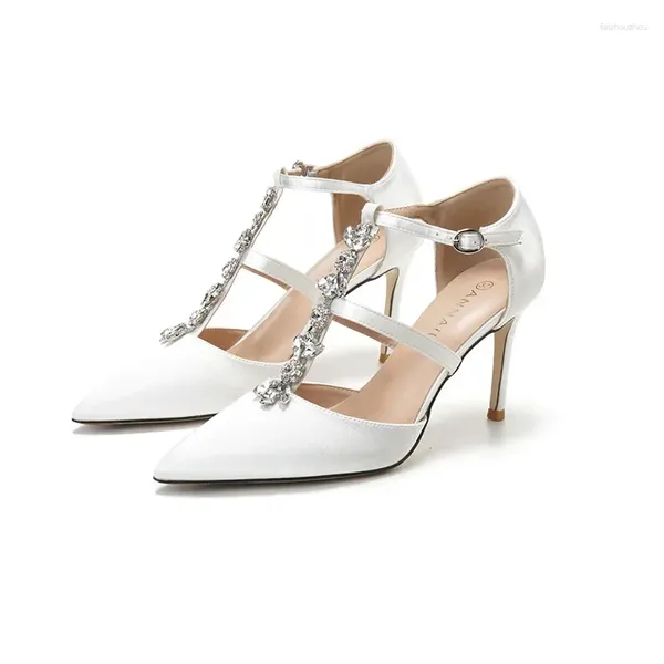 Sandálias 2024 oco strass pontiagudo salto alto vestido branco sapatos de casamento mulheres