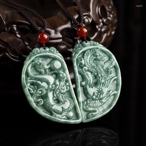 Anhänger Halsketten Natürlicher Jade Drache und Phönix mit schöner Seilkette Halskette für Mann Frauen Fengshui Geomantischer Amulett Talisman
