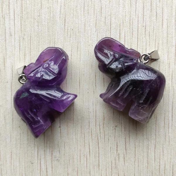 Anhänger Halsketten Großhandel 2 teile/los Natürliche Amethysten Stein Geschnitzte Tier Elefant Charms Anhänger Fit Halskette Schmuck Machen