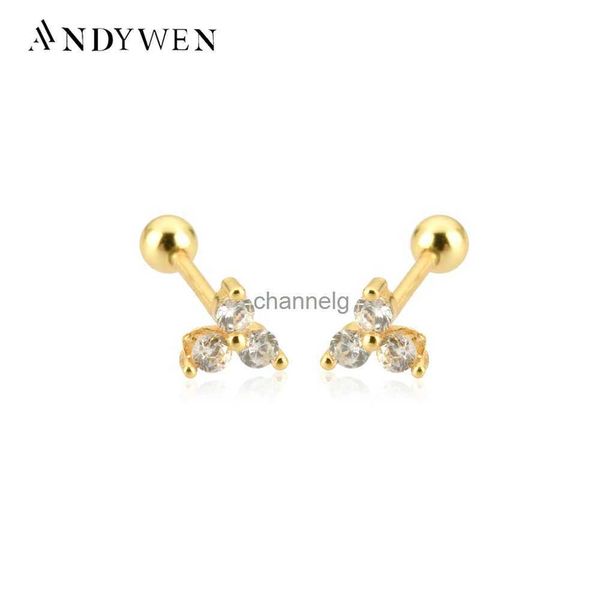 Stud ANDYWEN 925 Sterling Silber Klar Drei Zirkon Charm Srud Ohrring Frauen Mode Edlen Schmuck Clips Piercing Perlen Luxus Regenbogen YQ240108