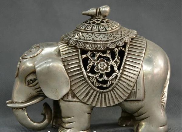 Handwerk chinesischer Fengshui Old Miao Silver Carve Elephant Censer Thurible Innensory Statue