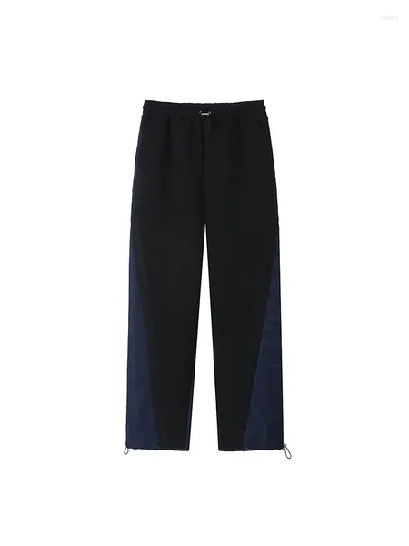 Calças femininas moda retalhos azul marinho jogging vintage cintura alta elástica comprimento total feminino chique senhora calças