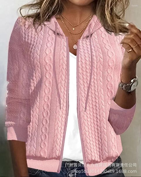 Giacche da donna Donna Texture Cardigan con cappuccio Cappotti con cerniera solida Tasche con cordoncino Capispalla slim fit High Street Leggero strech