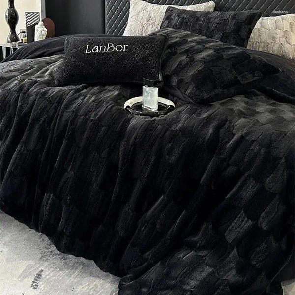 Conjuntos de cama Preto Dupla Face Espessada Quente Faux Fur Velvet Fleece Set Cor Sólida Duveta Capa Cama Folha Fronhas