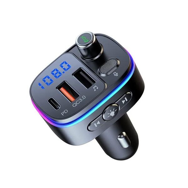 Carregador de carro FM Transmissor Bluetoothcompatível Veículo Bateria Carregadores 5.0 Handsfree Mp3 Player PD Tipo C QC3.0 USB Carga Rápida Colorida