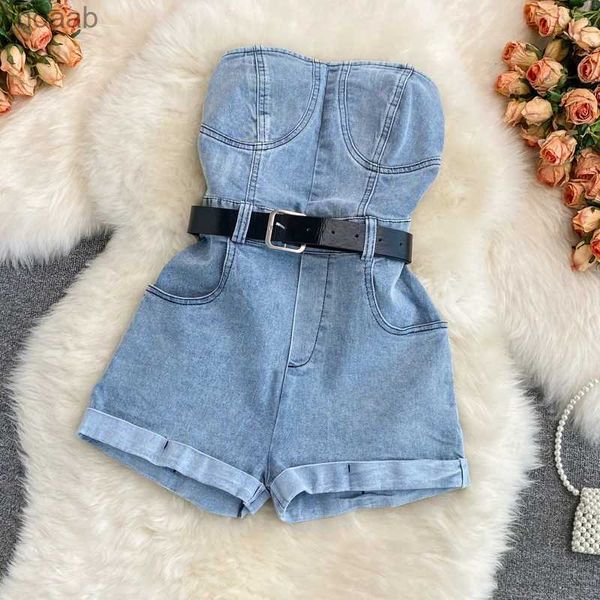 Kadın Şortları Kadın Tulum İlkbahar Yaz Straplez Denim 2023 Yeni Moda Gevşek Yüksek Bel Geniş Bacak Pantolonları Şort Tulumları YQ240108