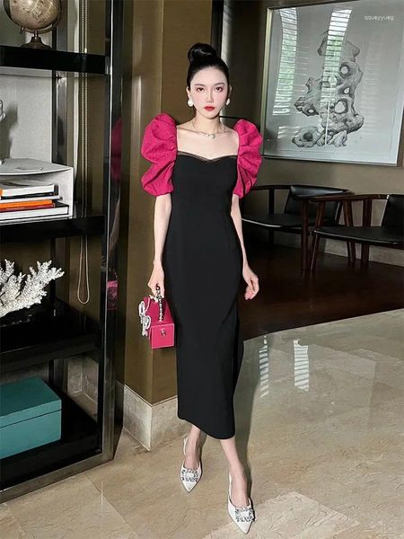 Robes de soirée noir rouge patchwork à manches courtes midi femmes vêtements de bureau d'été doux mignon sexy a-ligne mode style coréen décontracté