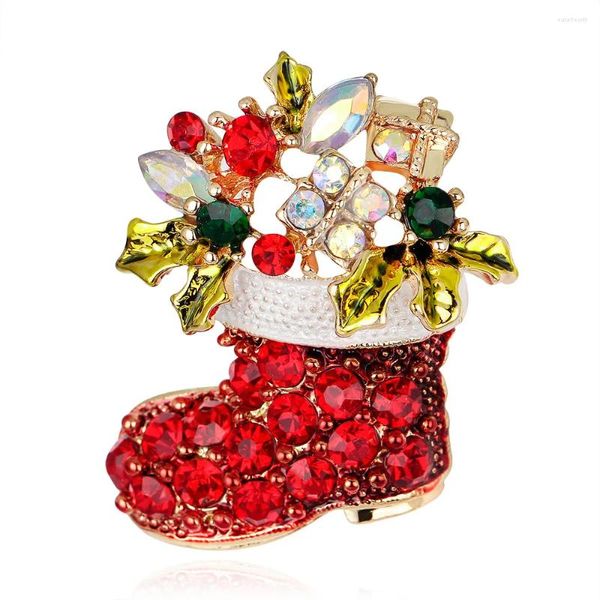 Broşlar 1pc kırmızı ayakkabı şanslı kristal pim Noel Noel Baba Boot Brooch Rhinestone Festival Partisi Çocuk Kadın Tatlı Hediye