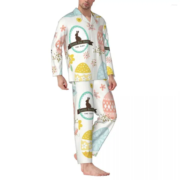 Homens sleepwear feliz páscoa outono colorido ovo gráfico casual oversize pijama conjuntos de manga longa kawaii sleep nightwear