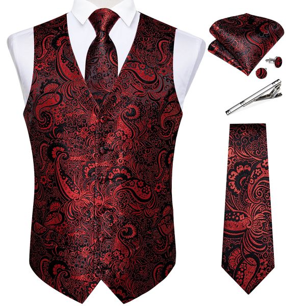 Gilet di seta da uomo Abito formale Completo di gilet Cravatta per matrimonio Maschile in raso Borgogna Rosso Gilet senza maniche Giacca casual Top 240106