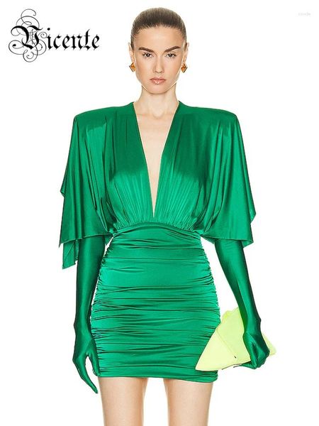 Vestidos casuais vc moda streetwear vestido feminino para evento especial sexy v pescoço drapeado design verde magro mini com luvas
