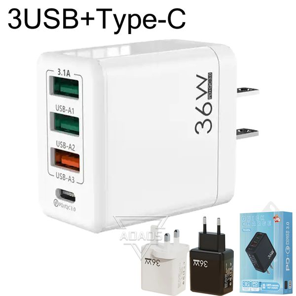 Adattatori da muro multiporta 3USB + 1PD Caricatore per laptop da 36 W per telefono EU/US/UK adattato per iPhone Samsung Smart phone