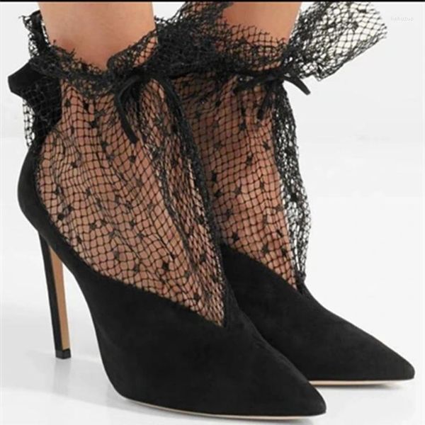 Stiefel Sexy Spitze Mesh Patchwork Spitz Knöchel Weiblichen Sommer Dünne High Heels Mode Zapato Bandage Up Bottines