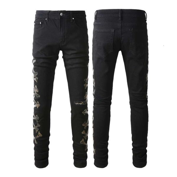 Mens Designer Calças Jeans Roxo Amris Jeans Trendy com Patchwork Angustiado Camuflagem Padrão de Couro e Jeans Apertados # 842