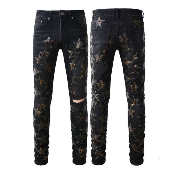 Pantaloni firmati da uomo Jeans viola Jeans strappati Amris High Street in pelle Star Trend High Craft Stretch Fit #873