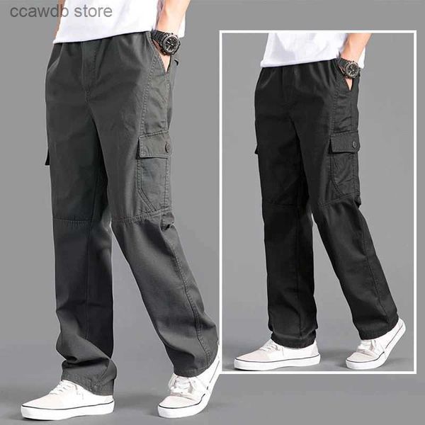 Calças masculinas novas calças de carga masculina solta reta oversize roupas sólido cinza versátil trabalho wear preto joggers algodão casual calças masculinas t240108