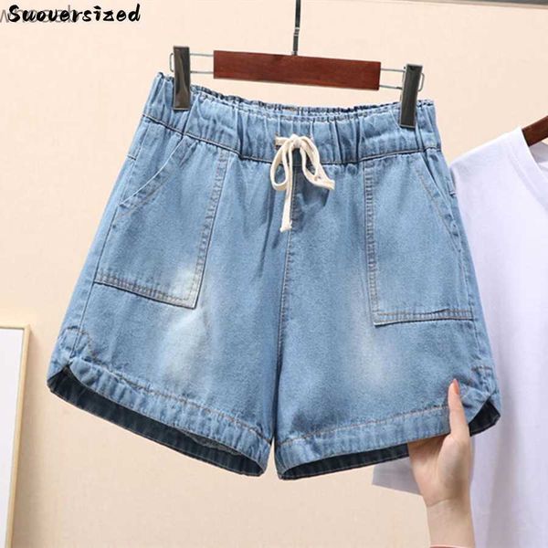 Pantaloncini da donna Oversize 7XL Estate Lace Up Baggy Shorts Jeans Casual Denim Short Donna Blu Pantalones Cortos Elastico a vita alta Vaqueros 2023 YQ240108