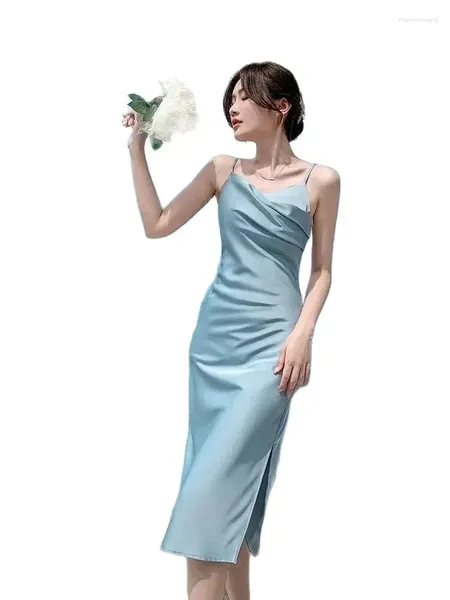 Lässige Kleider Blaues Hosenträgerkleid für Frauen Sommer Satin Textur High-End Sense Slim Fit Temperament Designer Schlitz Vestidos