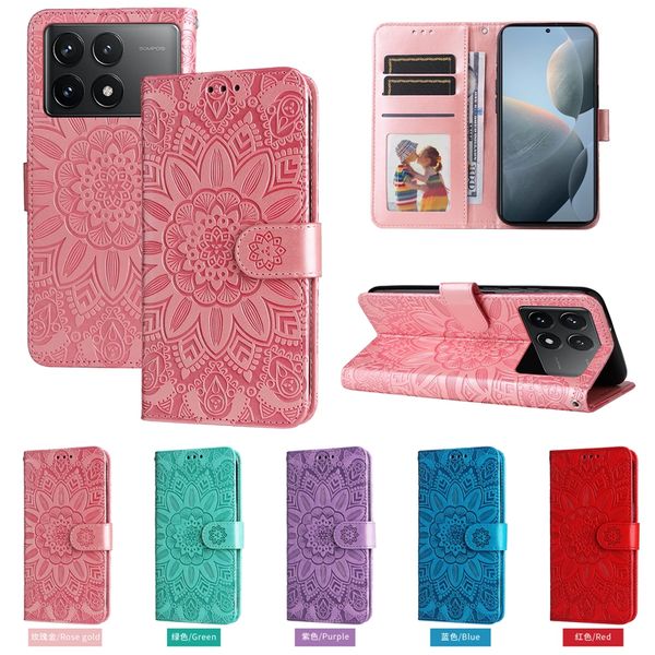 Capas para One Plus 12 Google Pixel 9 8 Pro 8A Redmi A3 K70 K70E Emboss Girassol PU Carteira de couro ID Slot para cartão Ímã Impressão floral Suporte de flor Flip Cover Bolsa Alça