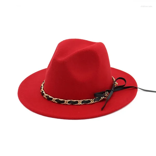 Berets Europeu EUA Bem-vindo Mulheres Homens Lã Fedoras Chapéu com Corrente de Metal Flat Brim Jazz Top Formal Party Trilby Chapéus