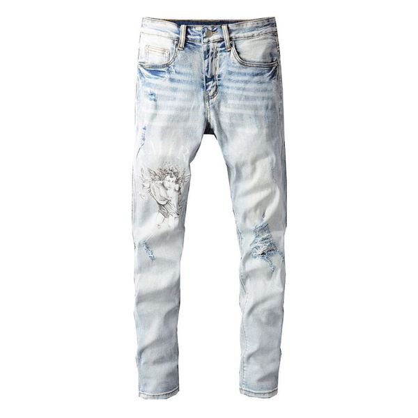 Calças de grife dos homens calças de brim roxo amris 696 marca de moda de rua alta jeans masculino remendo impressão buraco quebra elástico magro ajuste jeans