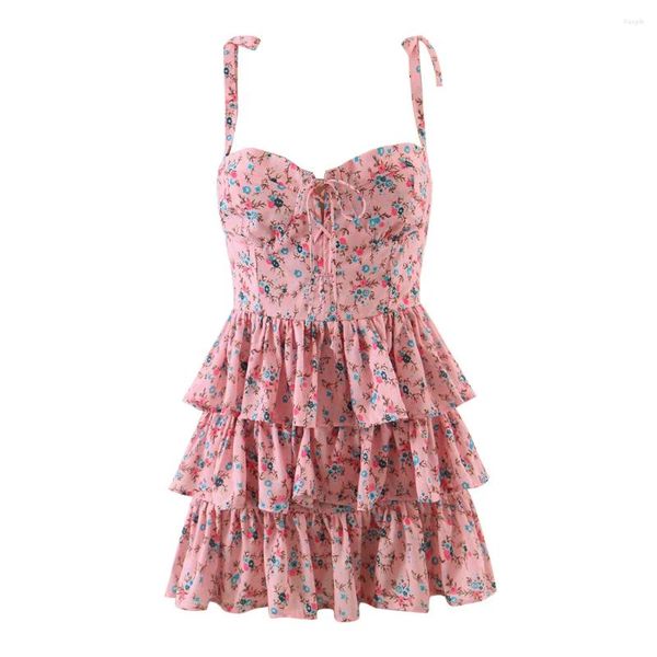 Casual Kleider Sommer für Frauen 2024 Abend Party Kleid Mini Sexy Bodycon Floral Front Krawatte Spitze Up Rüschen Rosa