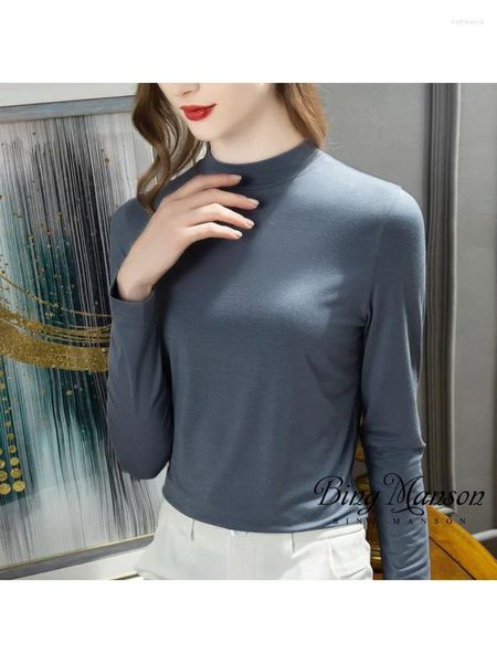 T-shirt da donna 2024 camicia coreana con fondo primaverile a mezza manica a collo alto con top in tinta unita slim fit stile straniero